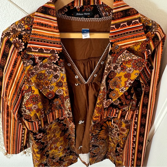 70s Boho Vintage Floral Flower Power Patchwork Trench Coat in Brown & Mustard XL - Picture 8 of 14
